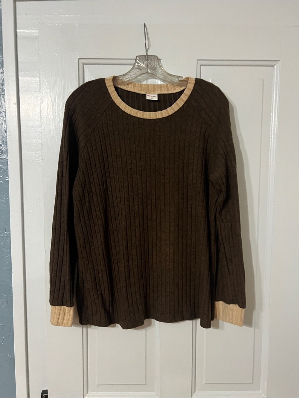Classic Ribbed Brown Sweater with Cream Trim